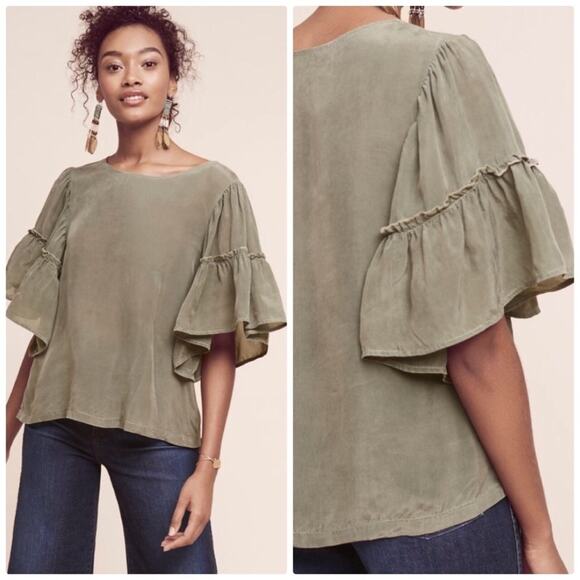 🆕 Anthropologie Maven West Green Edrae Flutter Sleeve Top XSP NEW $158‎ - Picture 1 of 5
